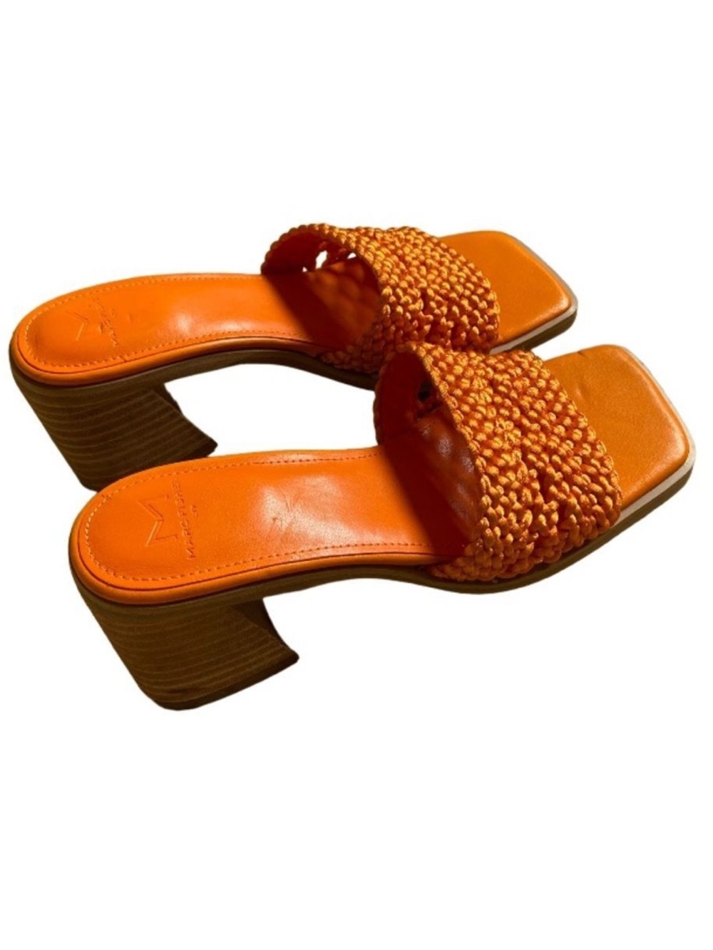 NEW Marc Fisher Jaxxon Square Toe Heeled Sandals 5.5 Orange Woven Strap Coastal